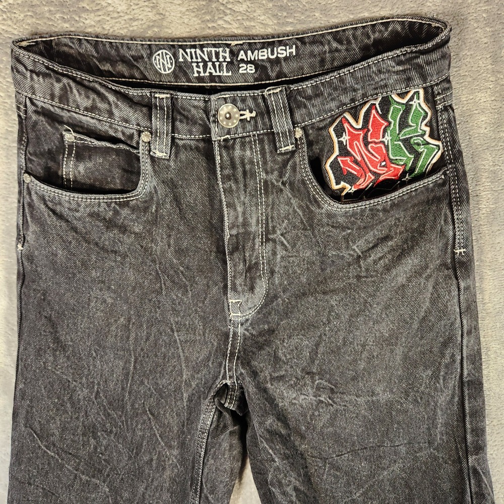 Ninth Hall Ambush Jeans Mens 28 Black Excellent Embroidered Eagle Snake Graffiti - Picture 6 of 14